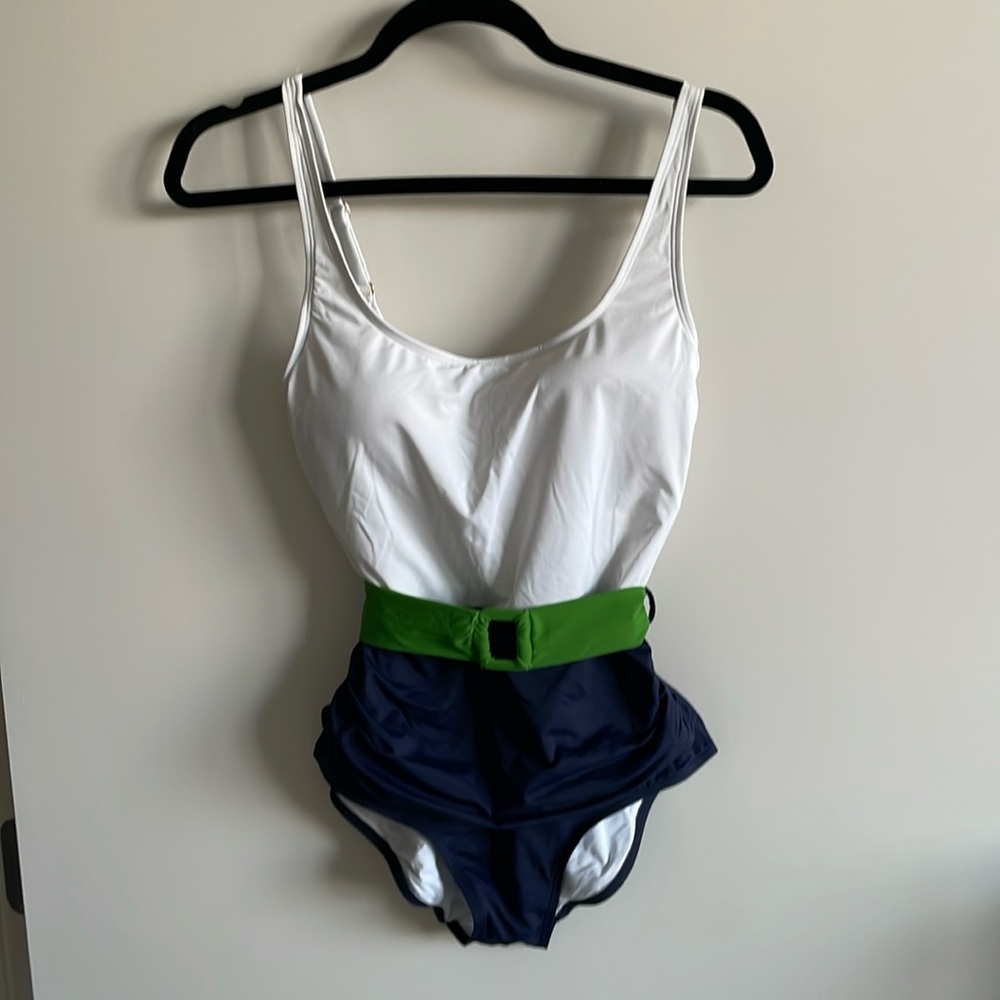 Anne Cole swimwear one piece block color w/green belt size10 never worn tags on